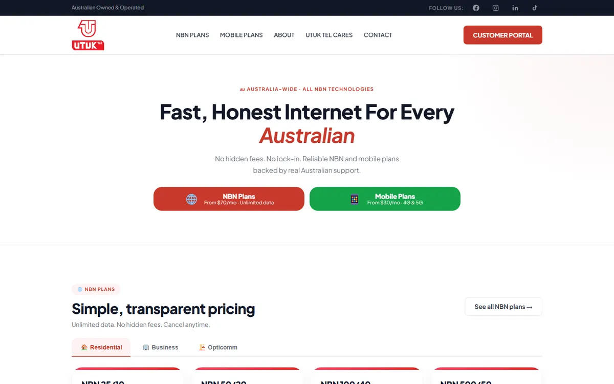 Utuktel NBN and mobile plans website, designed and developed by UT Digital Studios